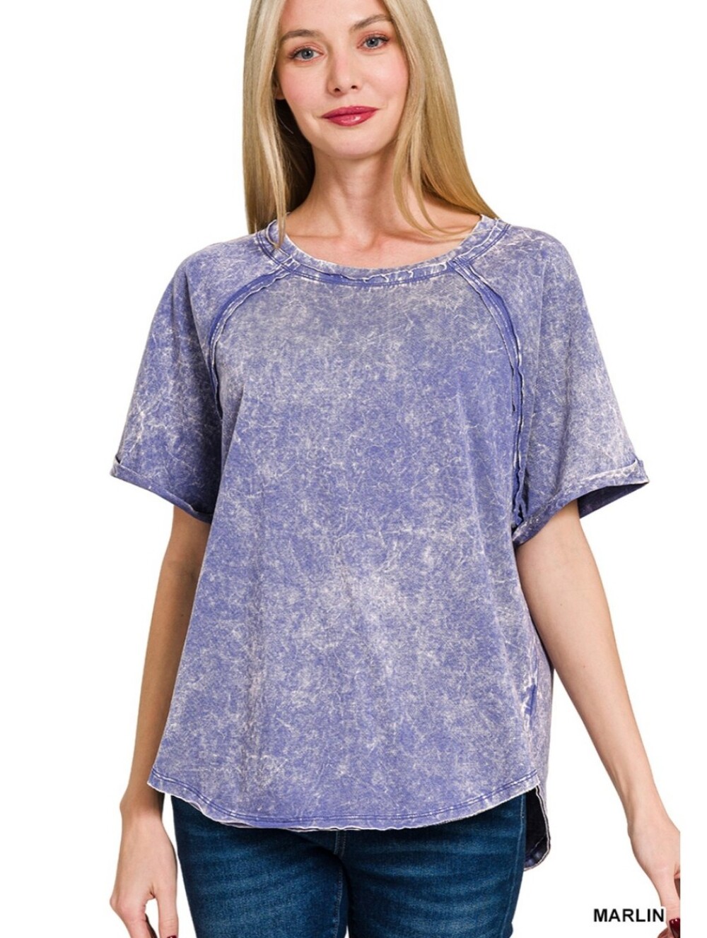 New Zenana Marlin Acid Washed Raglan Top